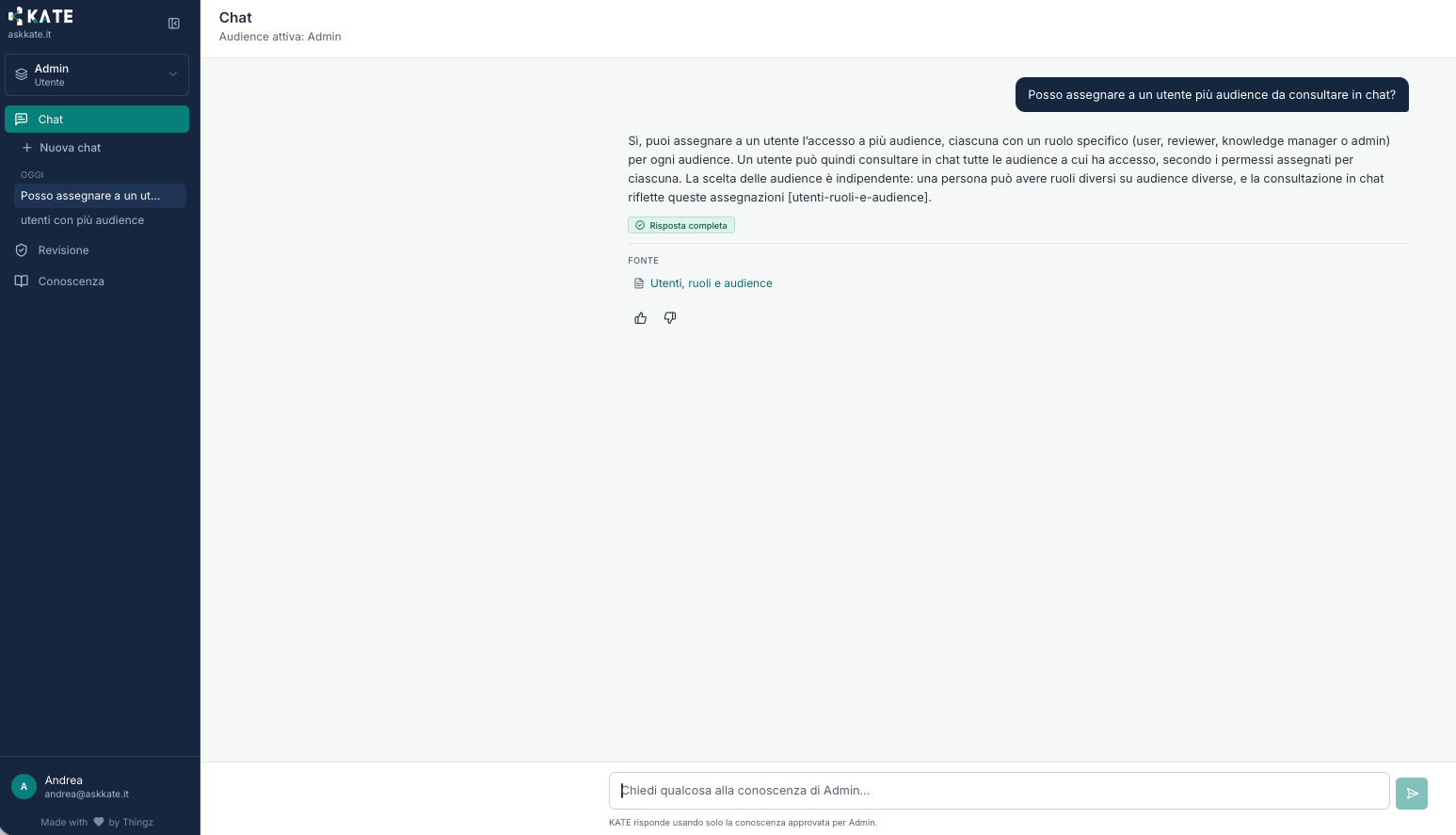 Chat Kate: risposta con fonti sulle audience
